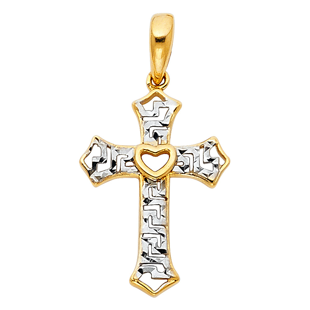 14k Two-Color Gold Precision-Cut Greek Key Cross With Heart Pendant Holy Charm
