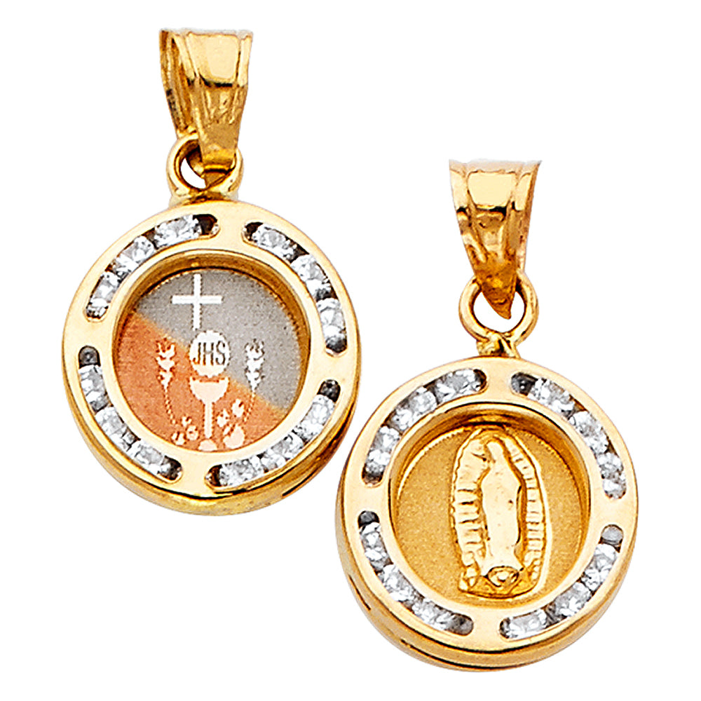 14k Tri-Color Gold Jesus Hominum Salvator Two Sided Virgin Mary JHS Pendant
