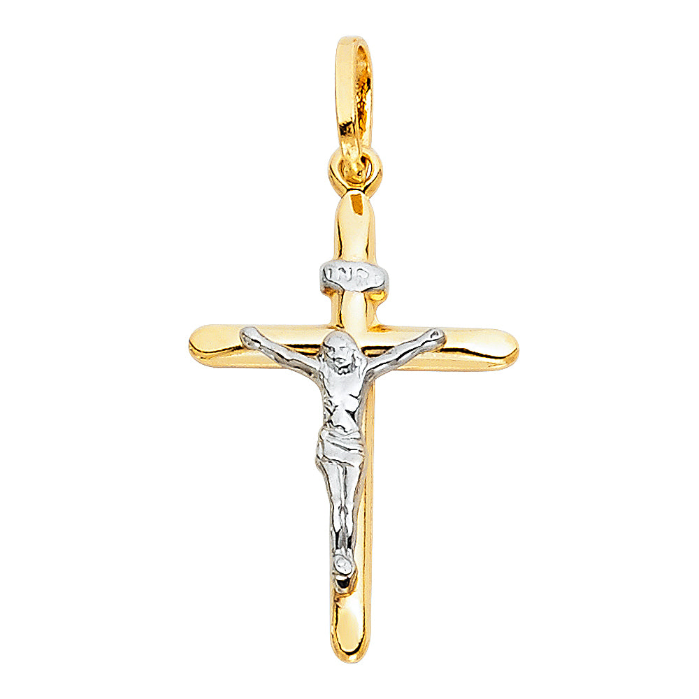 14k Yellow & White Gold Rounded Cross Pendant Jesus Christ Crucifix Faith Charm