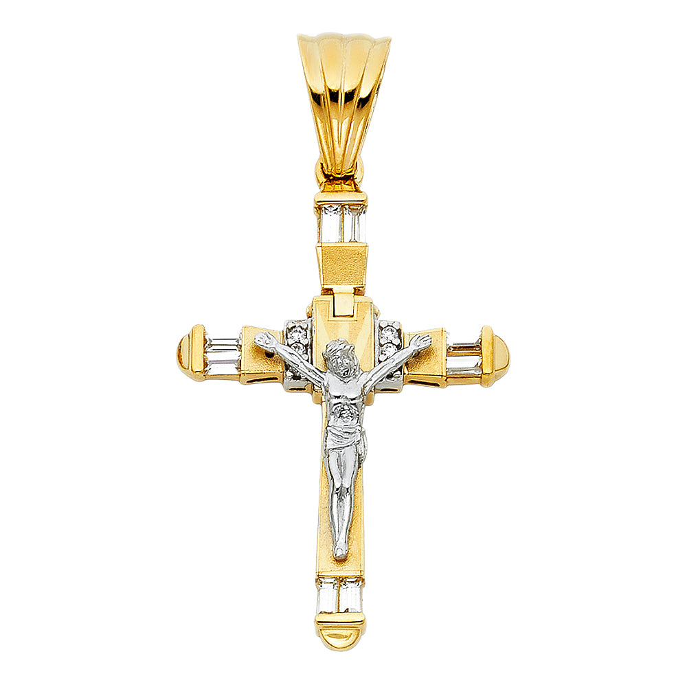 14k Two-Color Gold Clear Cz Radiant 3D Crucifix Cross Pendant Savior Charm
