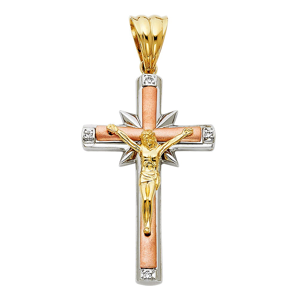 14k Tri-Color Gold Jesus Prince of Peace Clear CZ 3D Crucifix Pendant Charm