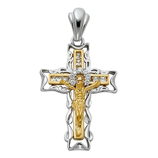 14k Two-Color Gold Jesus Christ Crucifix 3D Precision-Cut Latin Cross Pendant