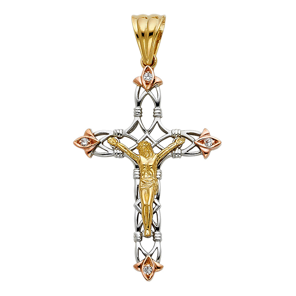 14k Tri-Color Gold Jesus Christ Crucified Modern 3D Crucifix Pendant Charm