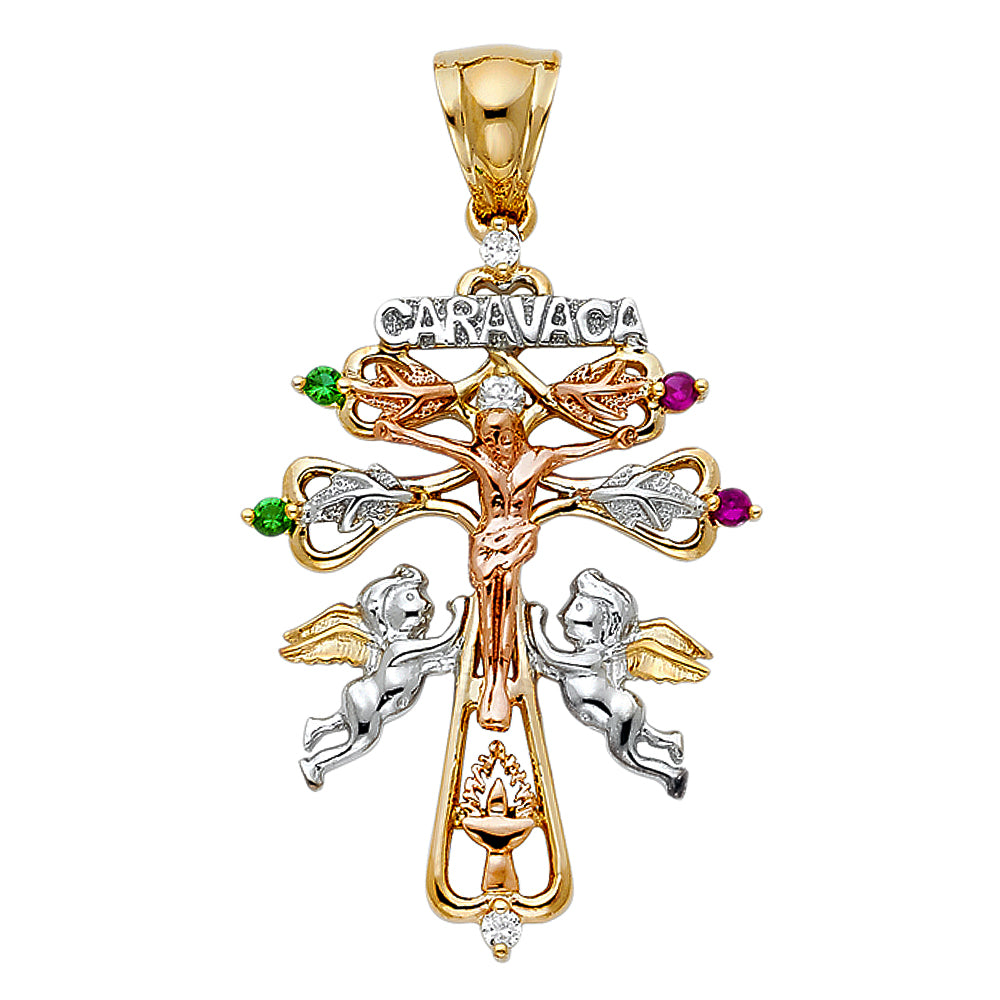 14k Tri-Color Gold Caravaca Crucifix w/ Hearts Pendant God is Love Faith Charm