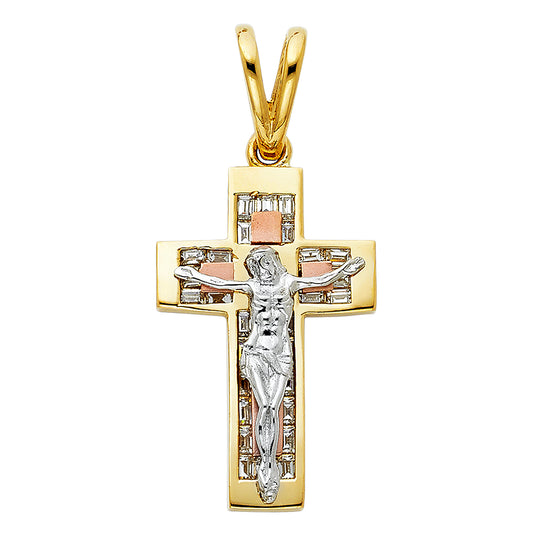 14k Tri-Color Gold King of the World Cross Jesus of Nazareth Crucifix Pendant