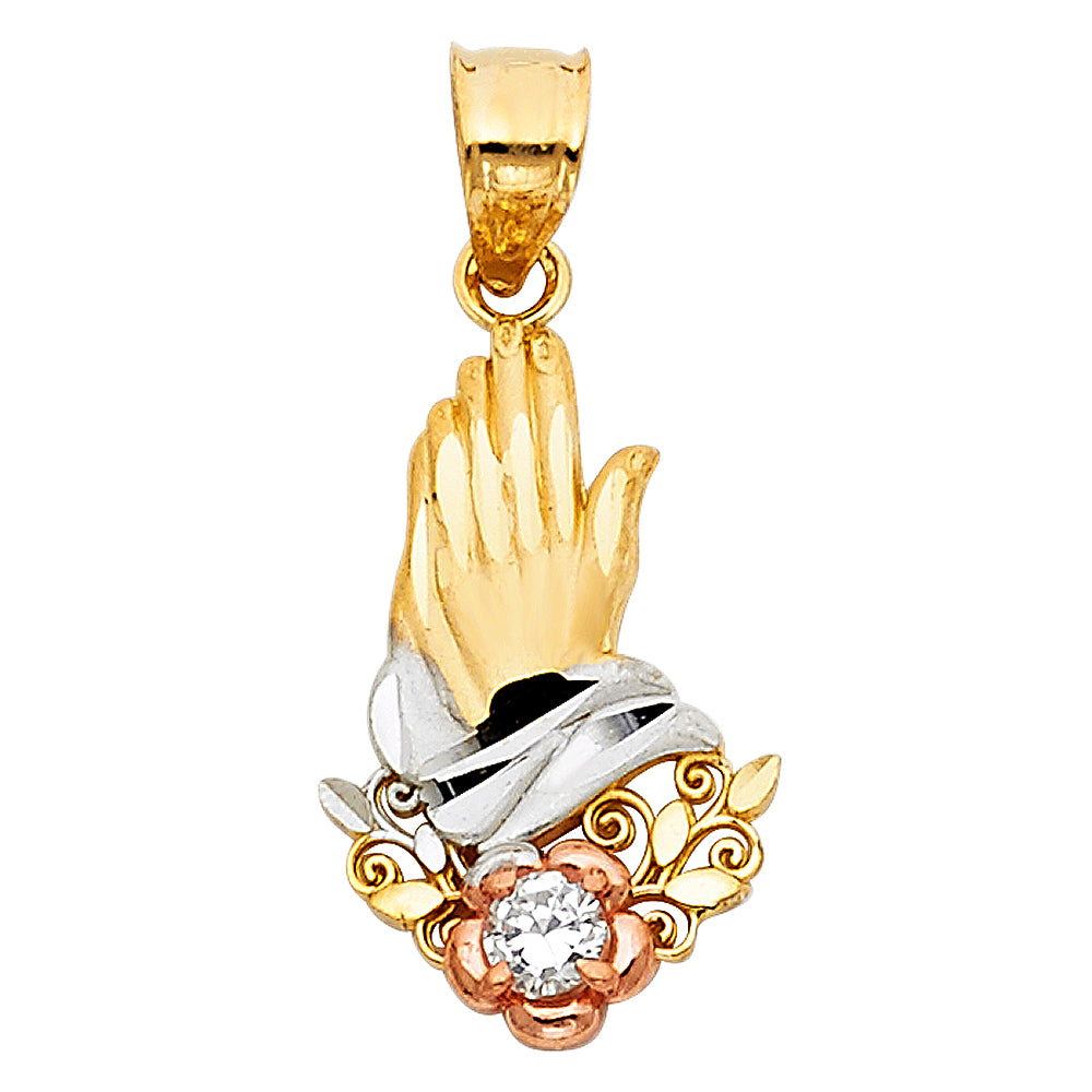 14k Tri-Color Gold Ornate Praying Hands Pendant Studded Filigree Swirl Charm