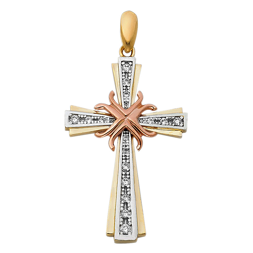 14k Tri-Color Gold Wrapped In God's Love Radiant 3D Christian Cross Pendant