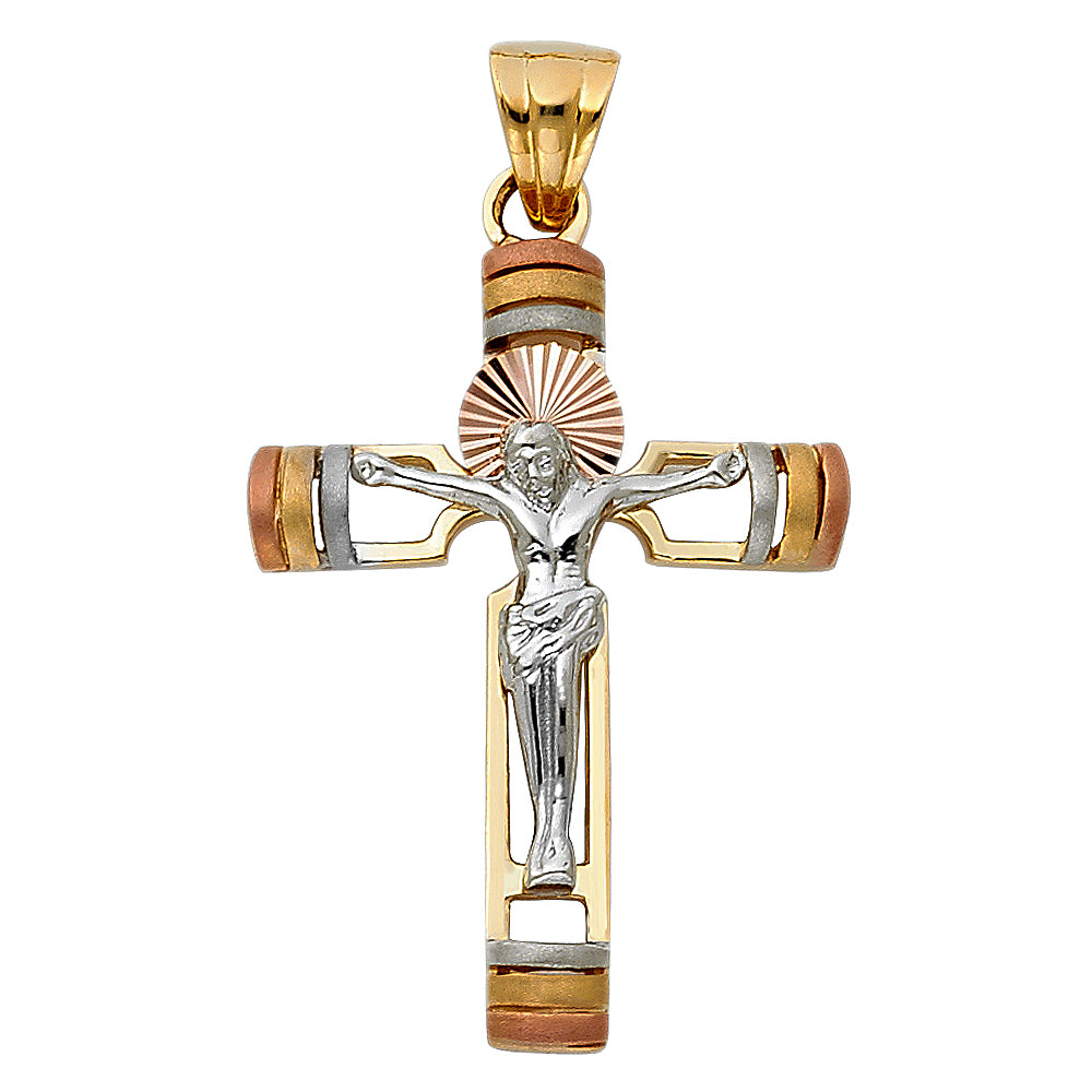 14k Tri-Color Gold Colorful 3D Precision-Cut Crucifix Pendant Holiness Charm
