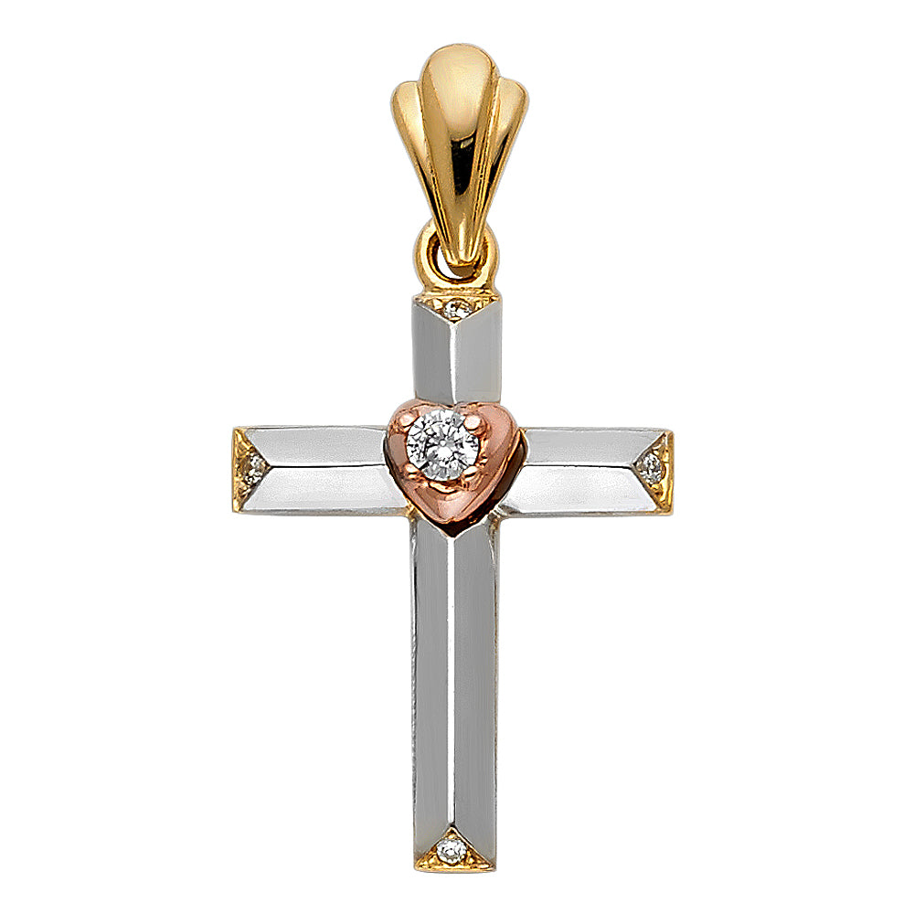 14k Tri-Color Gold Heart Beveled Christian Cross of Christ Pendant Charm