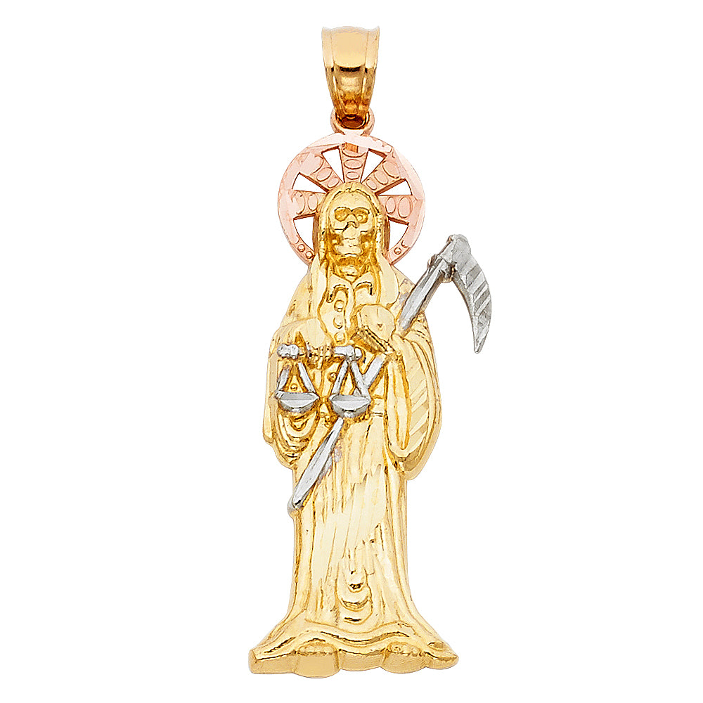 14k Tri-Color Gold Catholic Santa Muerte Pendant Death Grimm Reaper Charm