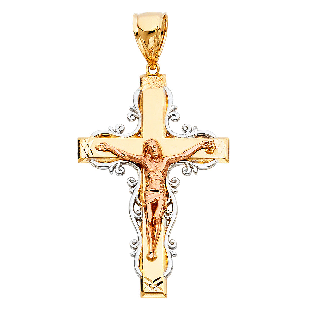 14k Tri-Color Gold Christ Crucified 3D Latin Design Crucifix Pendant Faith Charm