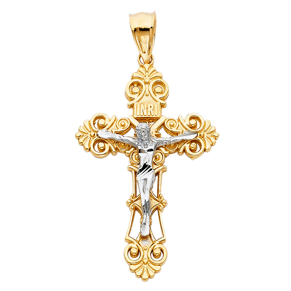 14k Two-Color Gold Traditional Latin 3D Design Vintage Cross of Christ Pendant