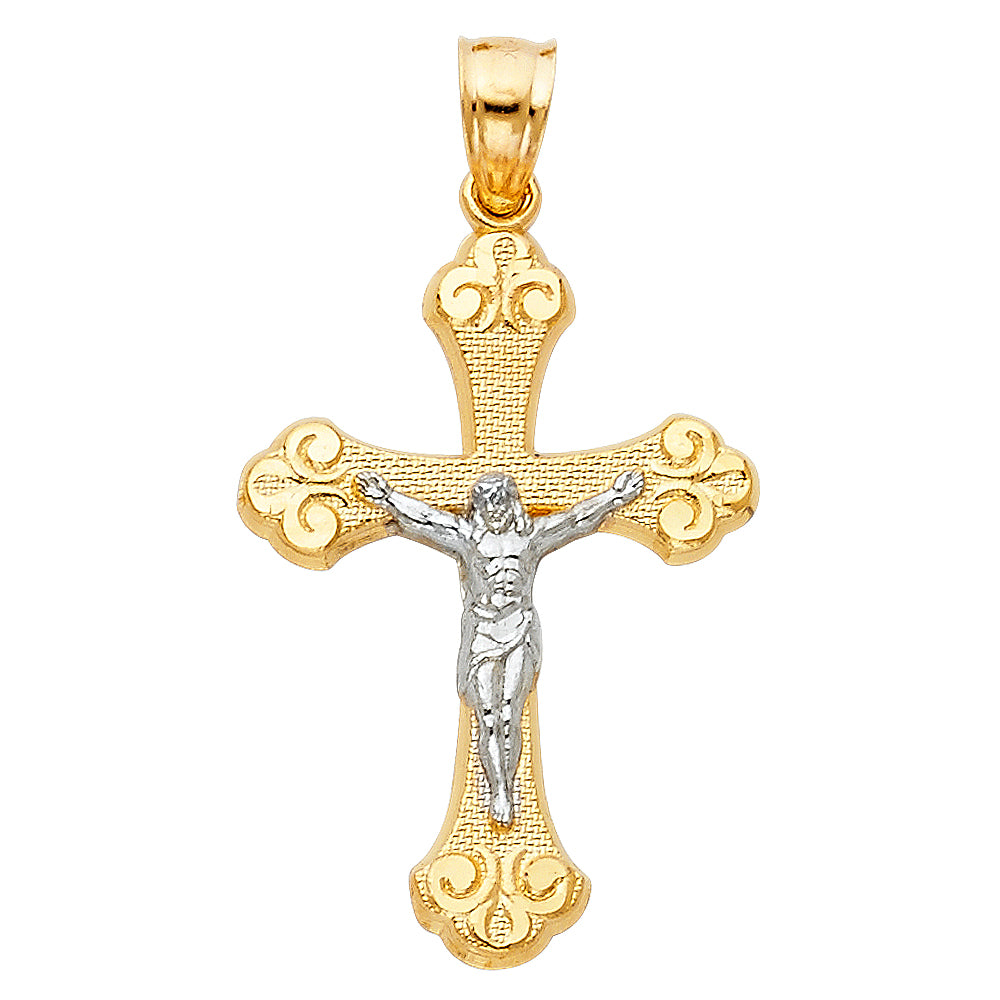 14k Two-Color Gold Precision-Cut Cross Christian Charm Christ Crucifix Pendant