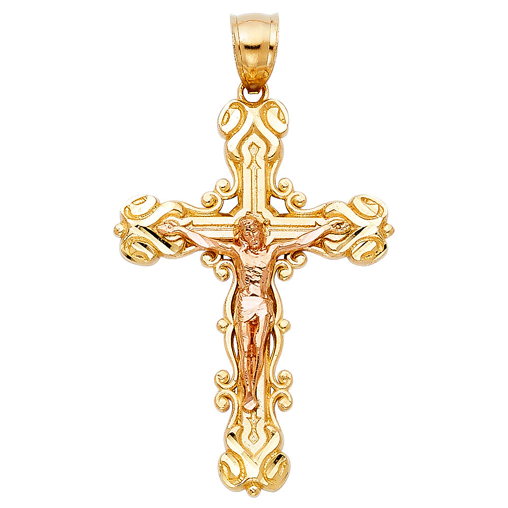 14k Two-Color Gold Distinguished Crucifix Latin Cross Pendant Diamond-Cut Charm