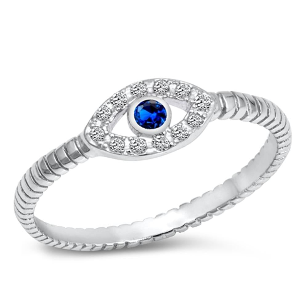 Boho Evil Eye Blue Sapphire CZ Polished Ring .925 Sterling Silver Sizes 2-13