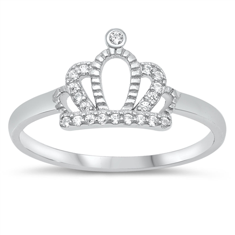 Clear CZ Studded Princess Crown Ring New .925 Sterling Silver Band Sizes 4-10