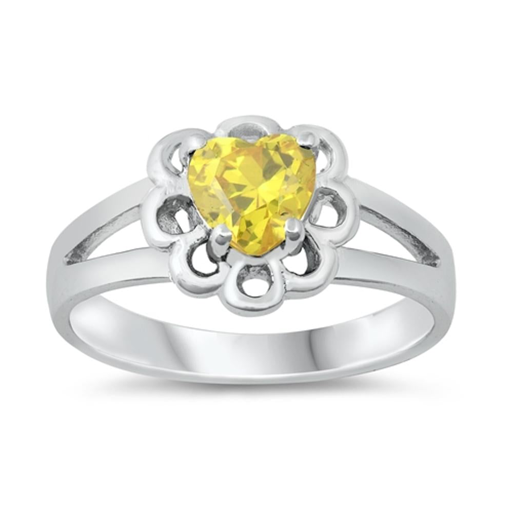 Yellow CZ Heart Flower Unique Cutout Ring .925 Sterling Silver Band Sizes 1-5