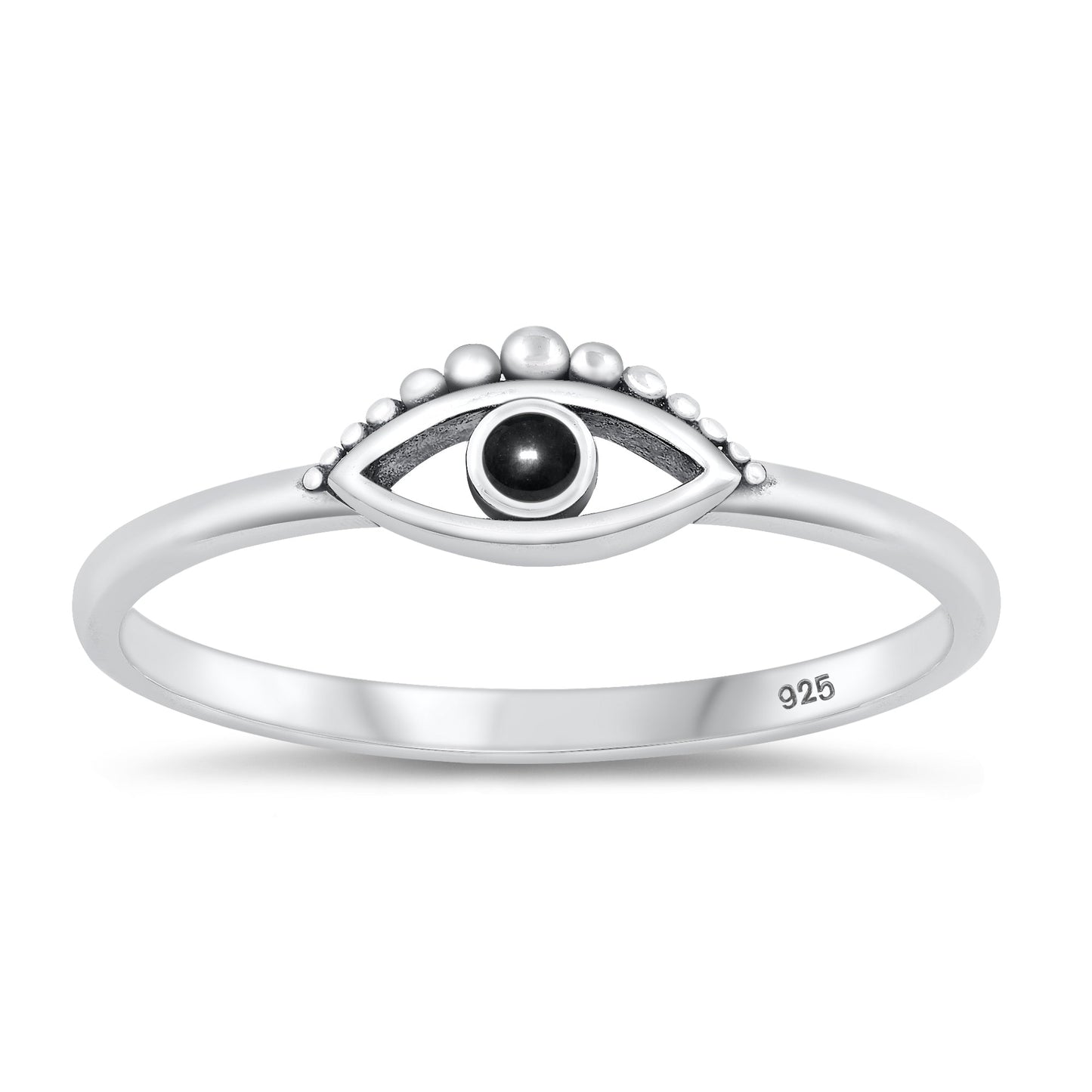 Sterling Silver Black Agate Evil Eye Ring