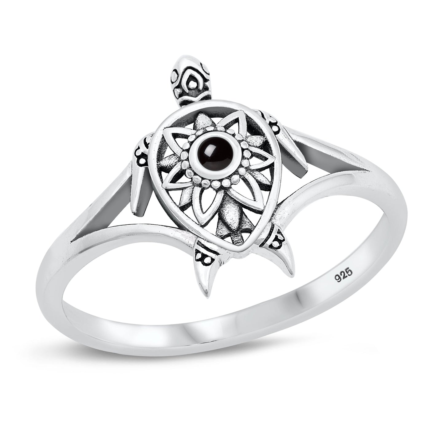 Sterling Silver Black Agate Sea Turtle Ring