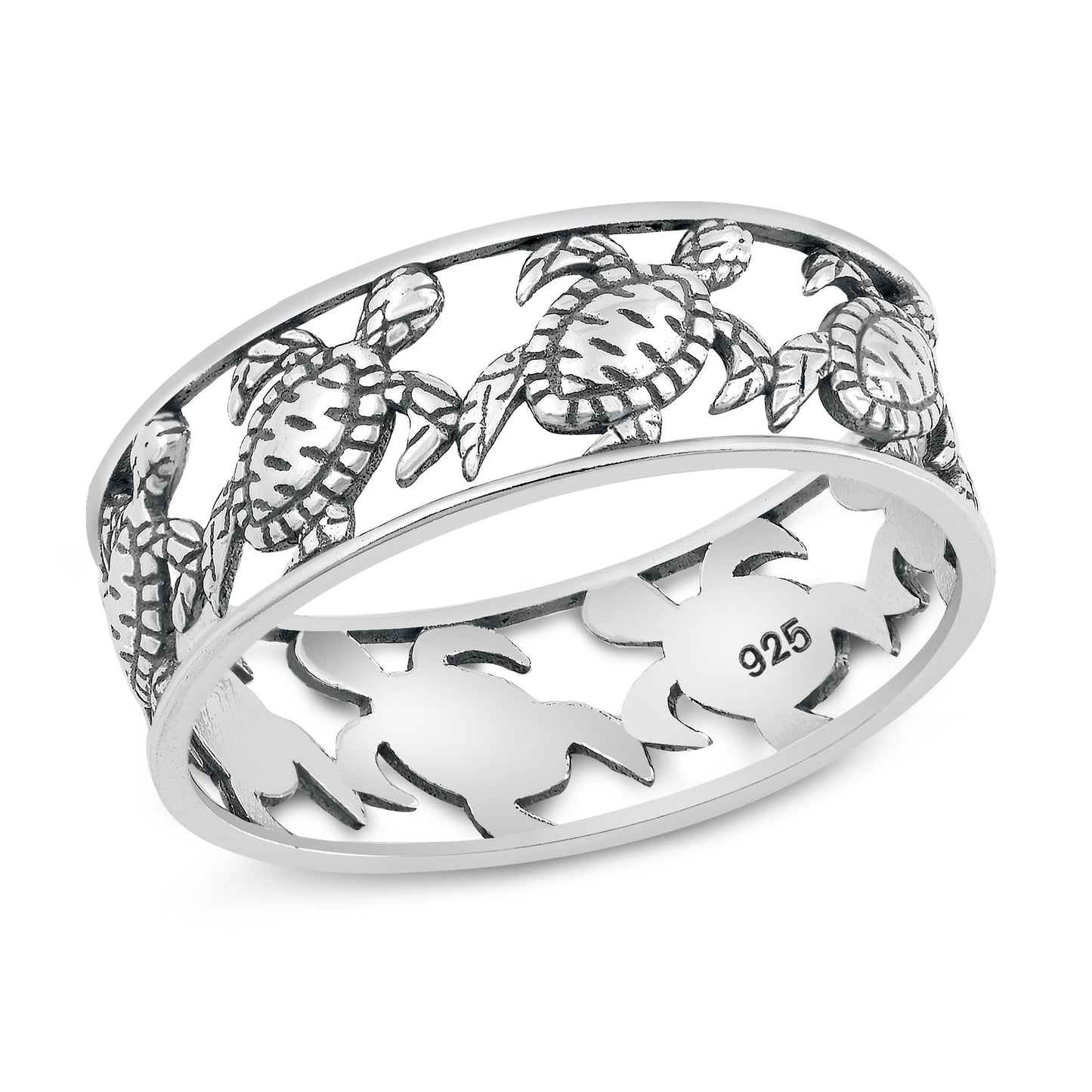 Sterling Silver Ring 925 Sea Turtles Eternity Ring Ocean Beach Band Sizes 5-10