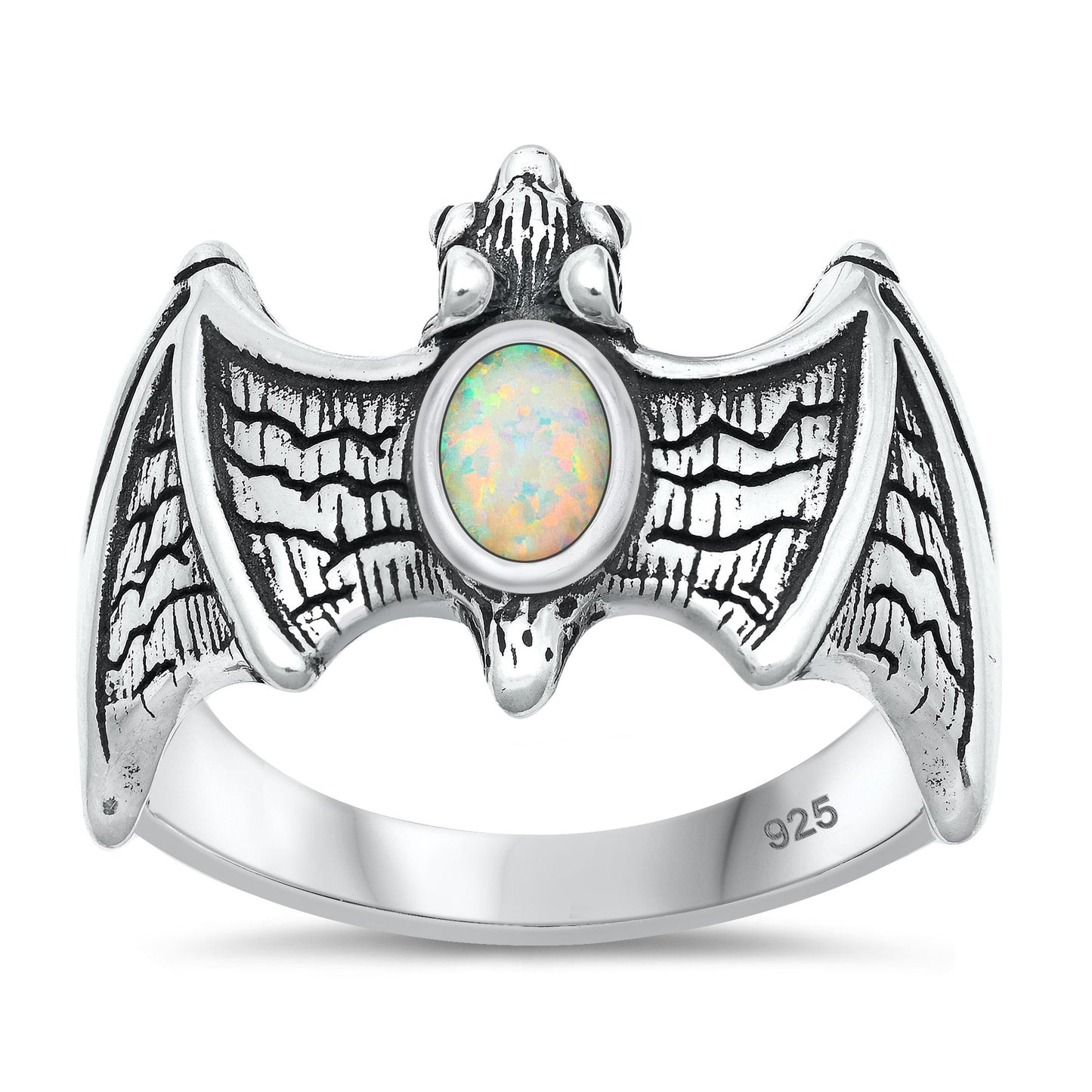 Sterling Silver White Lab Opal Bat Ring