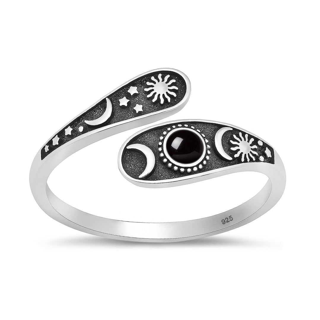 Sterling Silver Black Agate Sun Spoon Ring