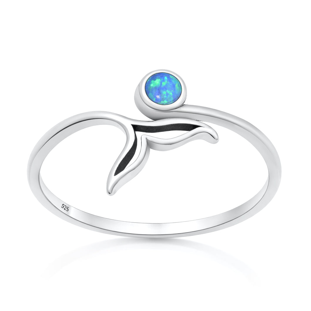 Sterling Silver Blue Synthetic Opal Whale Tail Ring