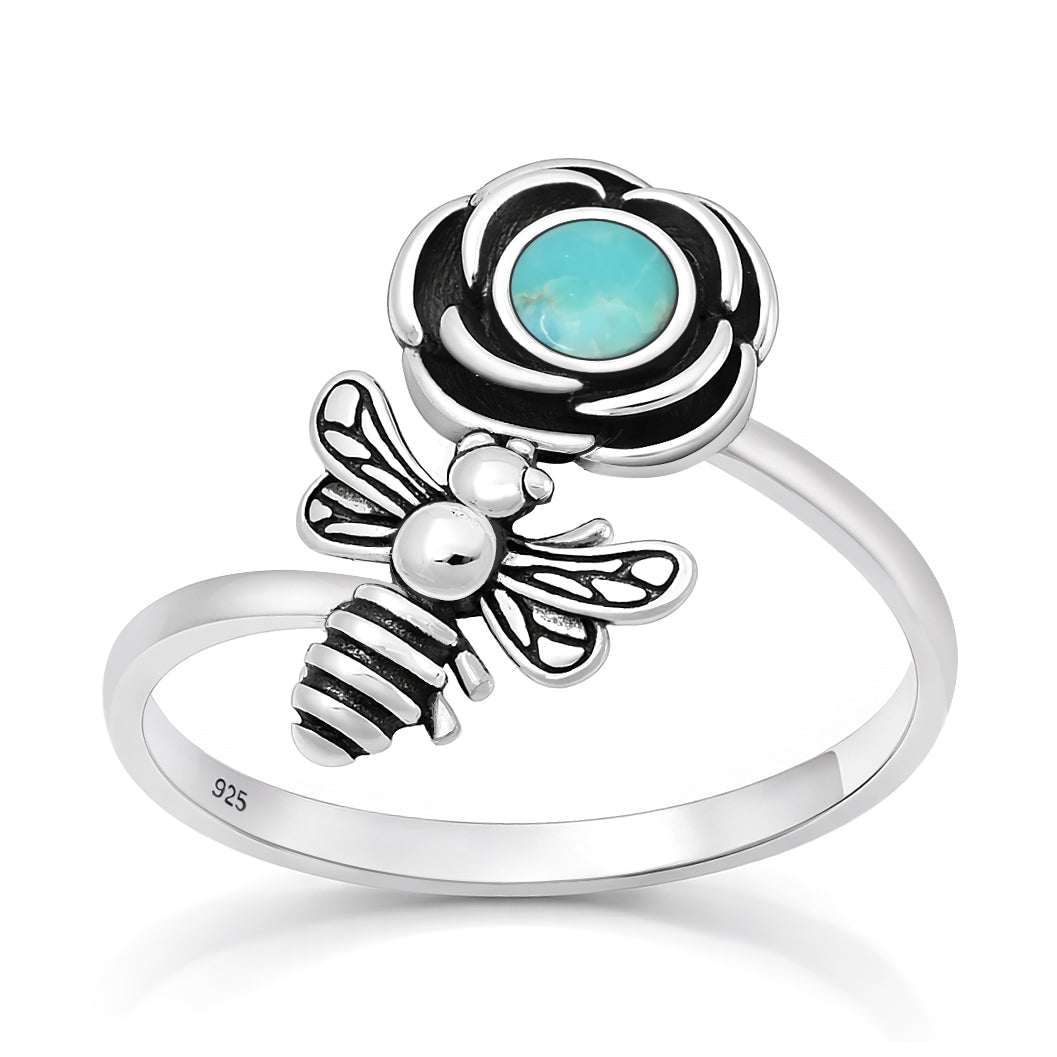 Sterling Silver Turquoise Bee Flower Ring