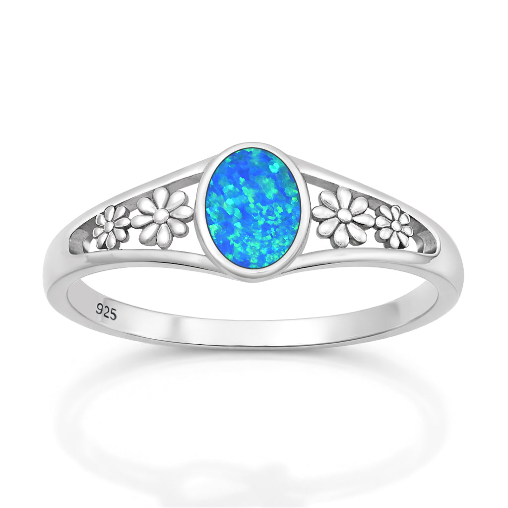 Sterling Silver Synthetic Opal Flower Ring