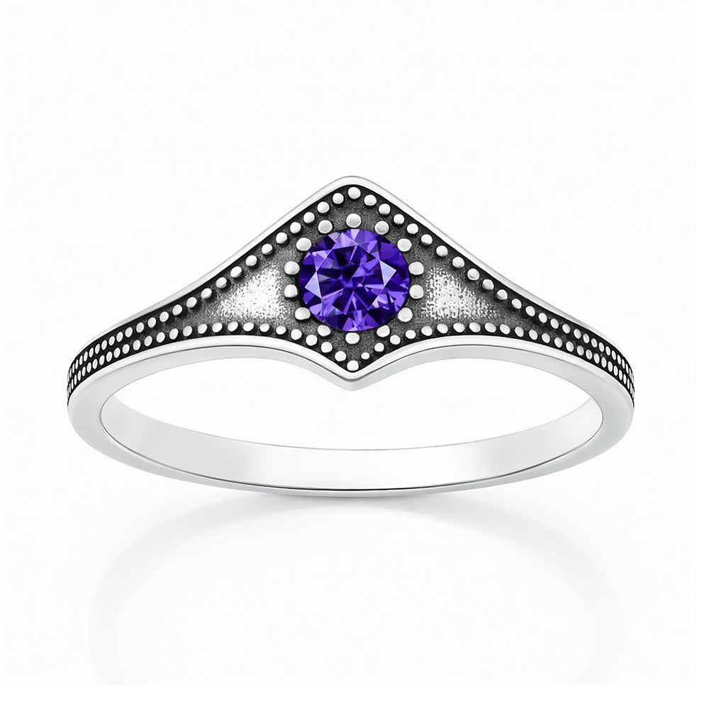 Sterling Silver Amethyst CZ Bali Style Beaded Ring