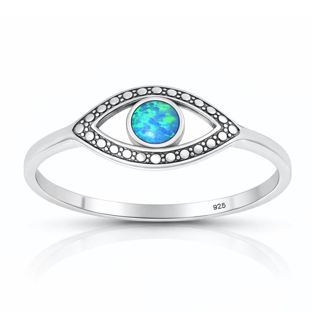 Sterling Silver Blue Synthetic Opal Evil Eye Ring