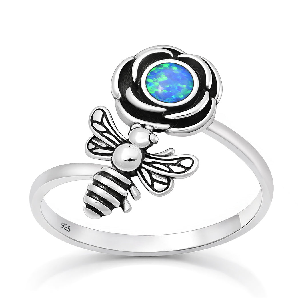 Sterling Silver Blue Synthetic Opal Flower Bee Ring