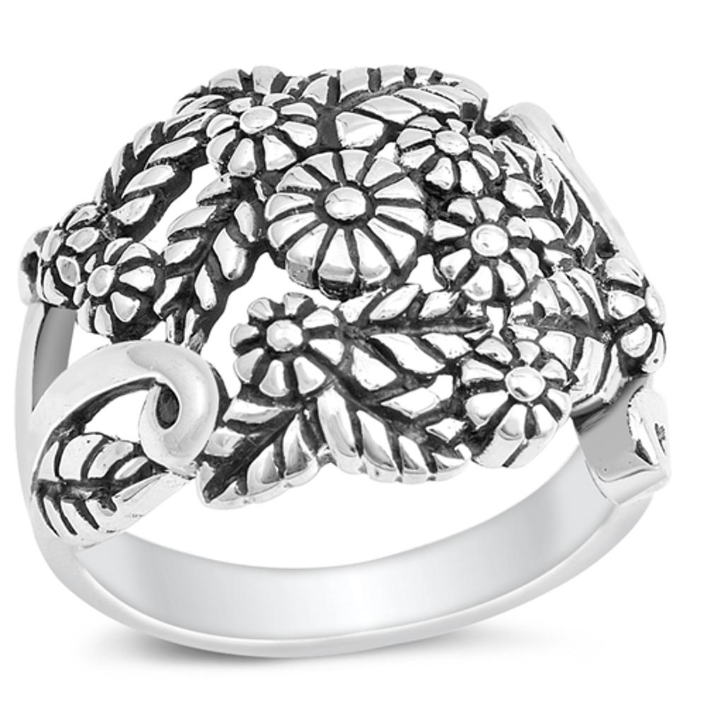 Oxidized Plumeria Floral Flower Filigree Ring Sterling Silver Band Sizes 4-12