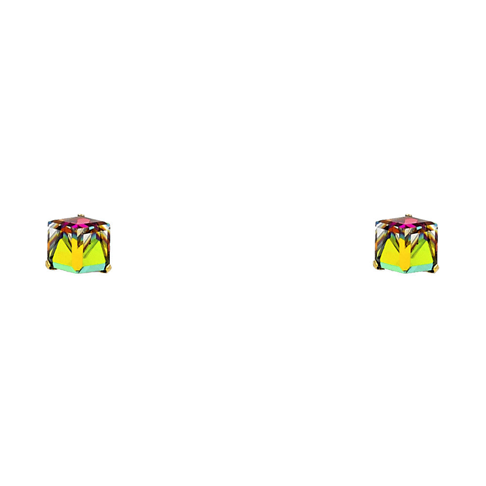 14k Yellow Gold Funky Artistic Cube Stud Rainbow Unique Earrings