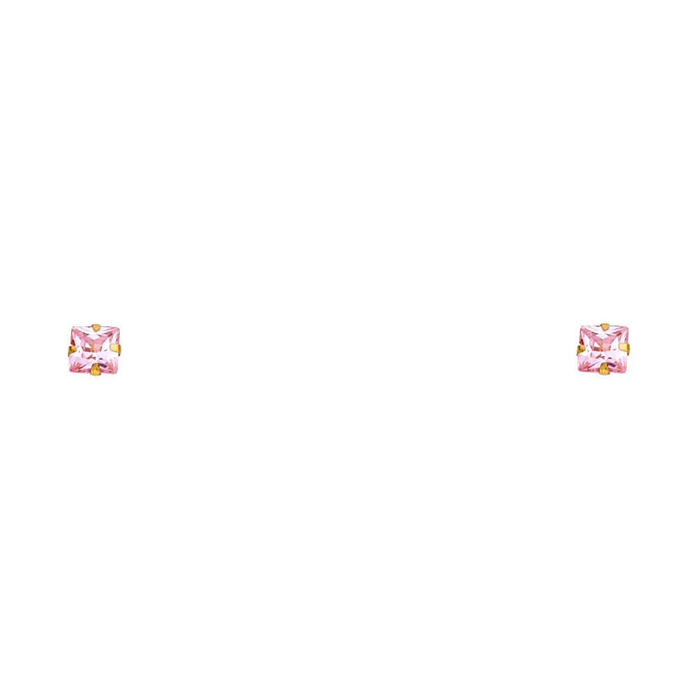 14k Yellow Gold Elegant Pink Square CZ Stud Earrings