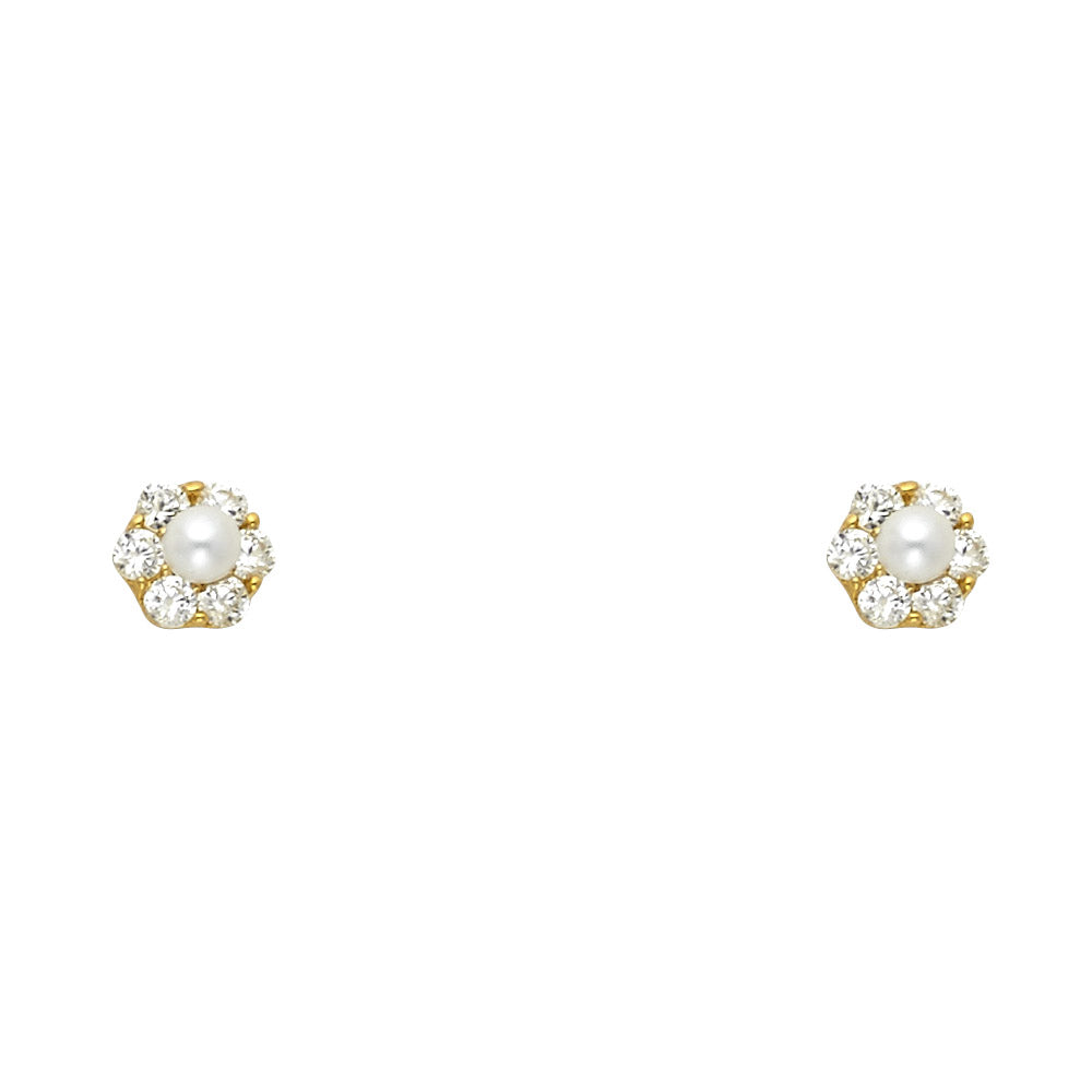 14k Yellow Gold Elegant Vintage Flower Stud Circle Studded Sun Earrings