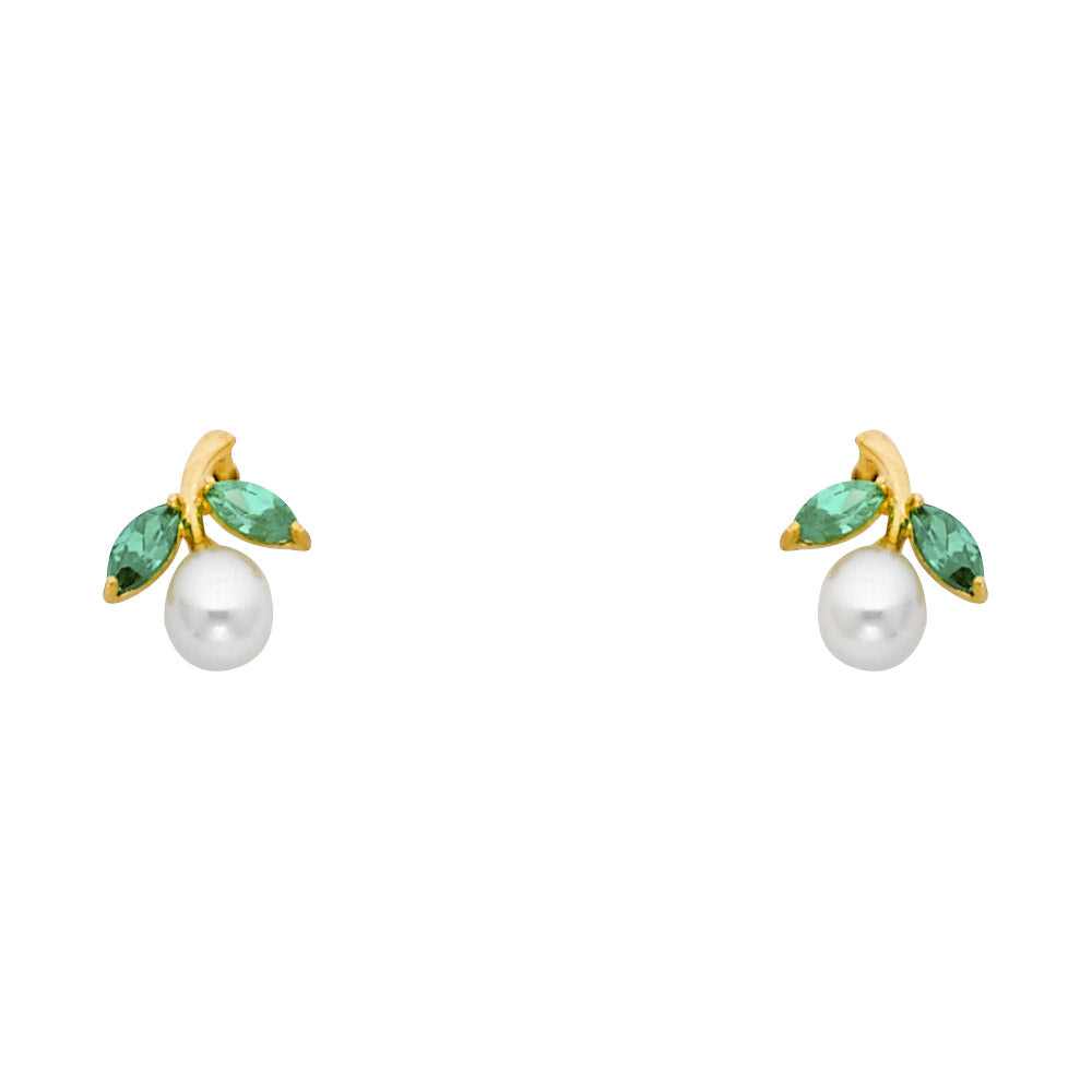 14k Yellow Gold Simple Abstract Fruit Stud Vintage Leaf Round Ball Earrings