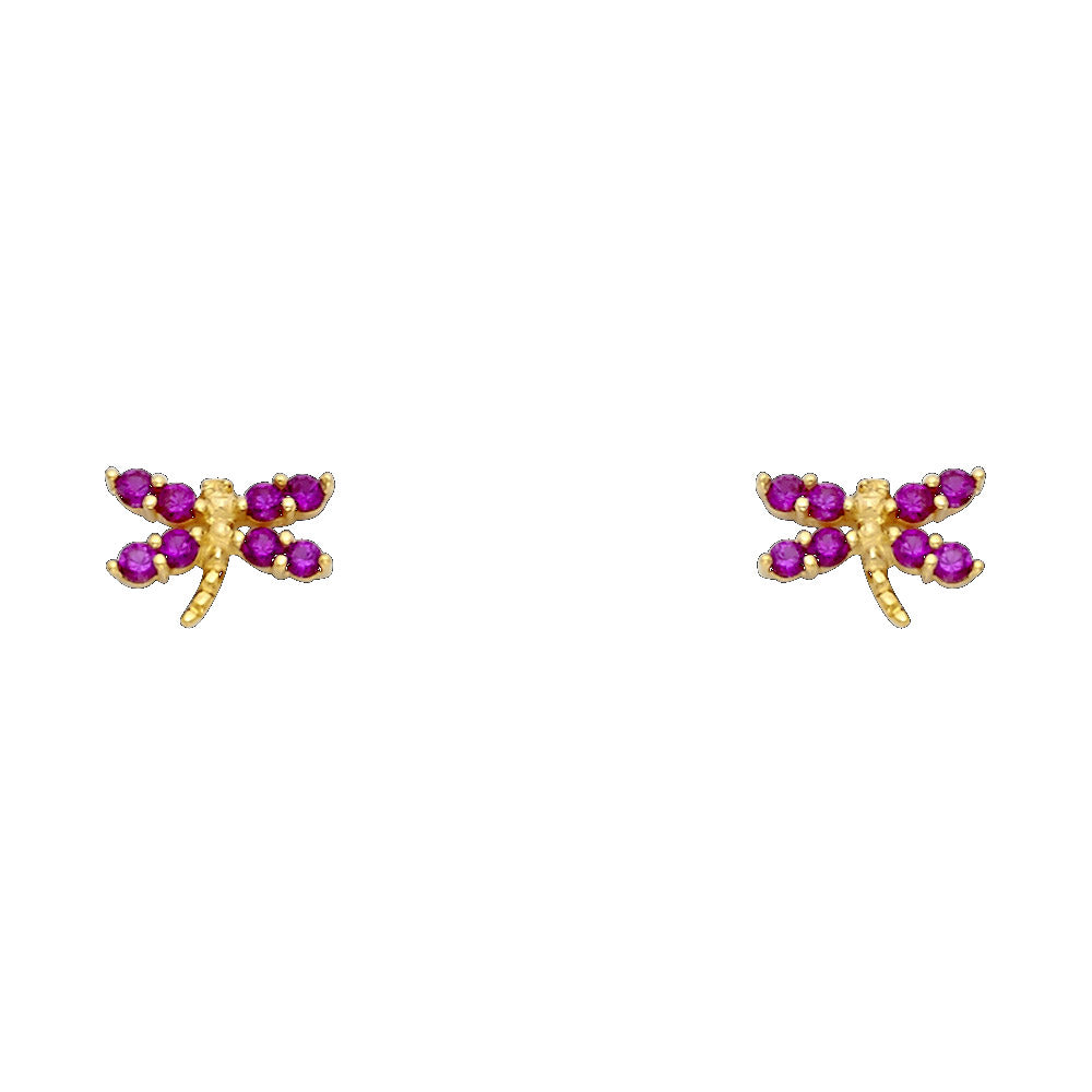 14k Yellow Gold Studded Dragonfly Stud Insect Bug Animal Wing Earrings