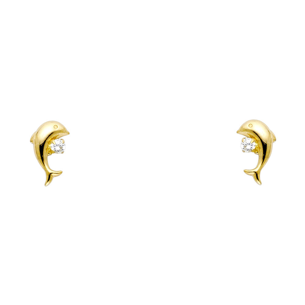 14k Yellow Gold Studded Dolphin Stud High Polish Shiny Cute Ocean Earrings