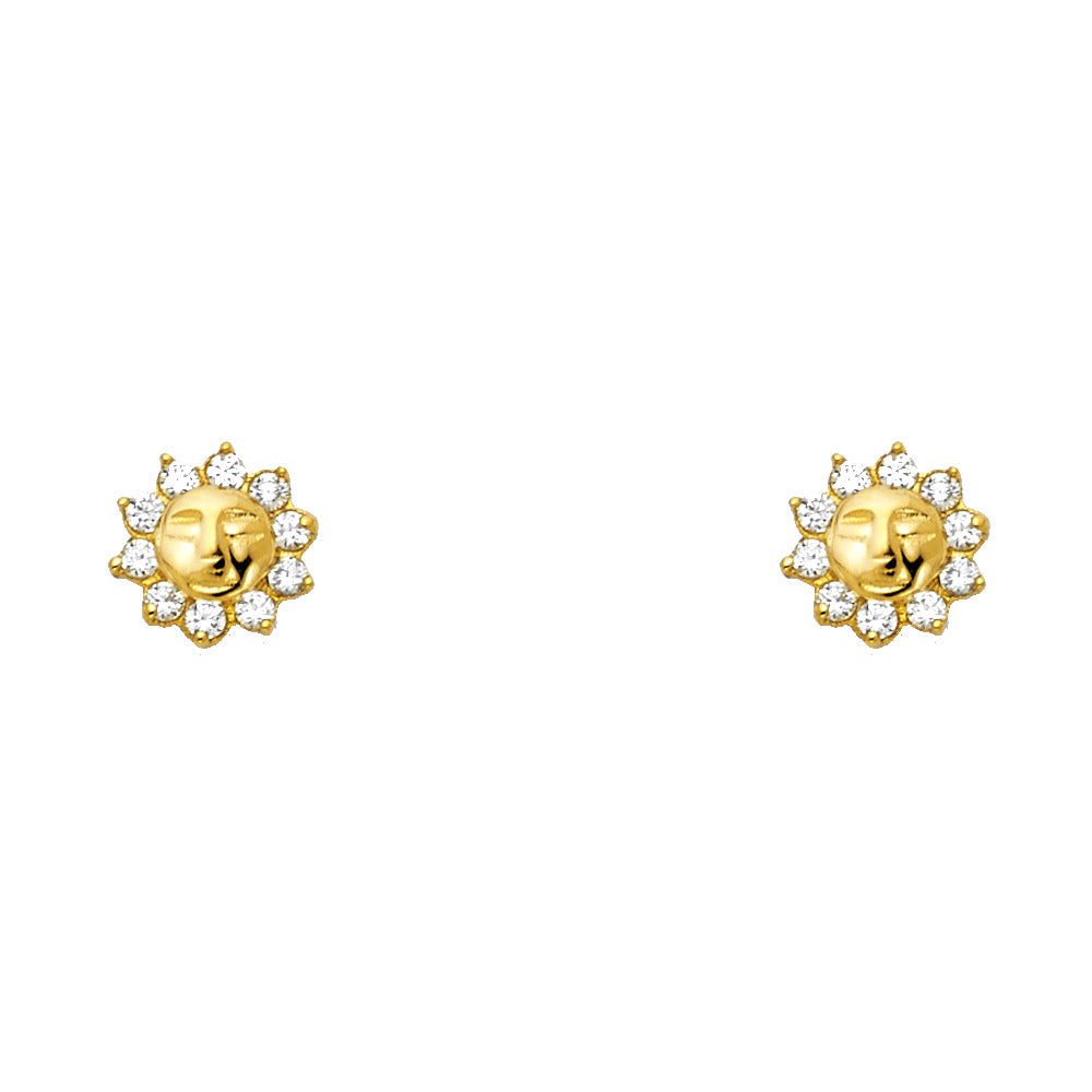 14k Yellow Gold Studded Burst Sun Stud Circle Flower Petal Face Space Earrings