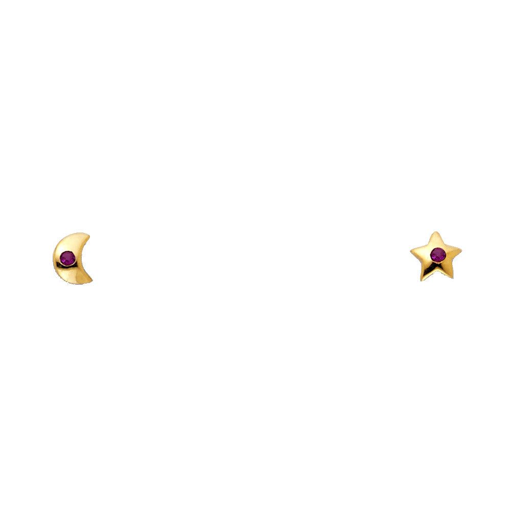 14k Yellow Gold Star Moon Stud Studded Simple Classic Flat Earrings