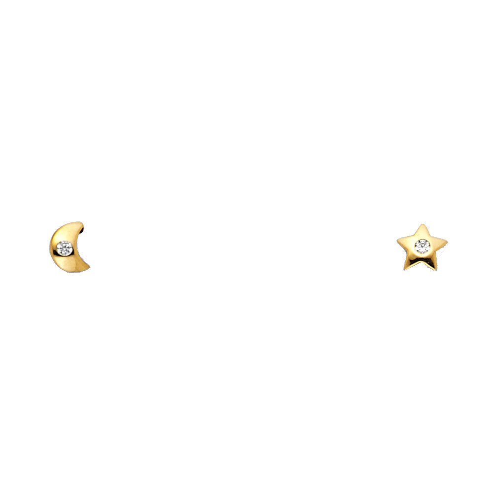 14k Yellow Gold Simple Flat Star Moon Stud Space Celestial Minimalist Earrings