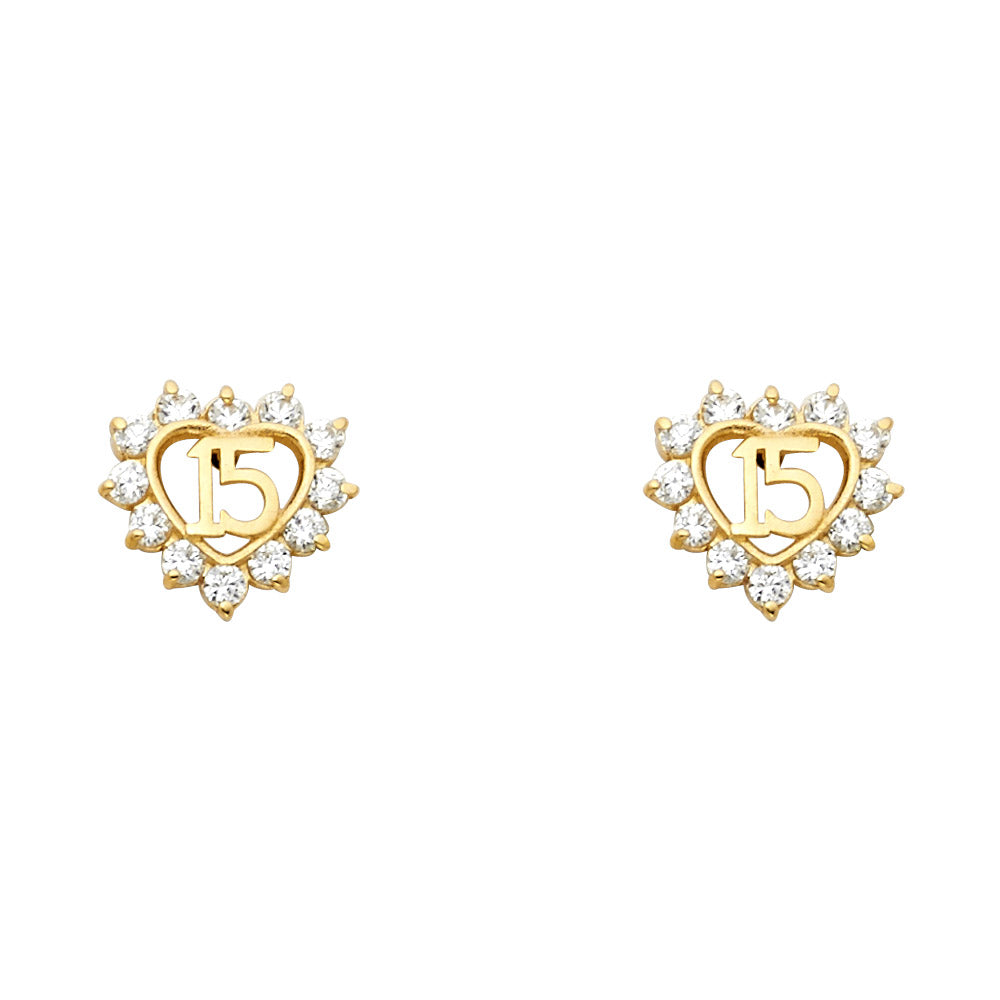 14k Yellow Gold Studded Burst Heart Stud 15 anos Quinceanera Cutout Earrings