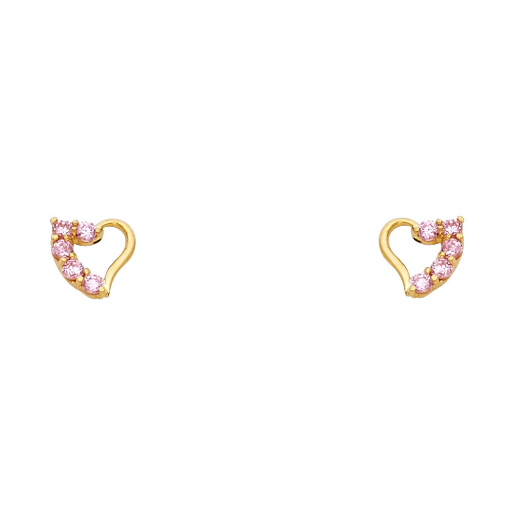 14k Yellow Gold Studded Promise Heart Stud High Polish Shiny Outline Earrings