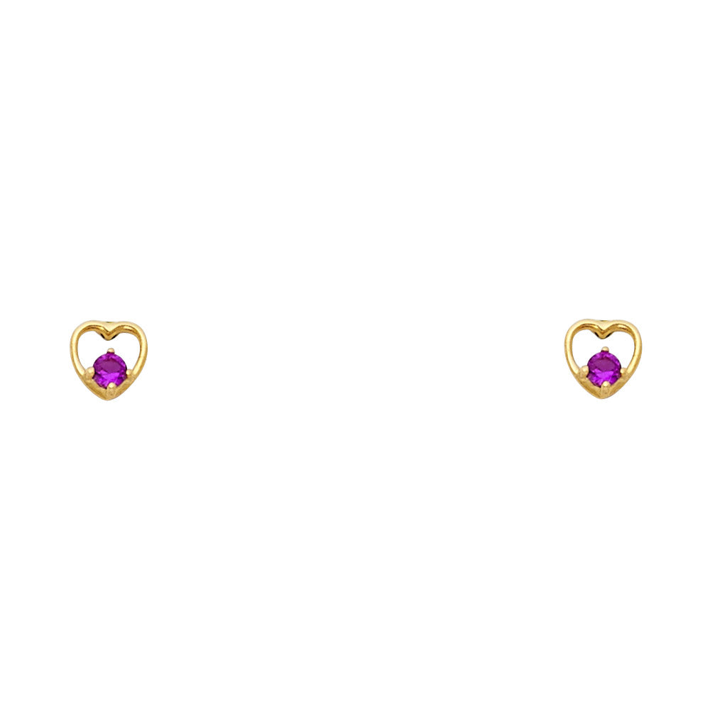 14k Yellow Gold Heart Stud Amethyst CZ High Polished Fashion Love Earrings