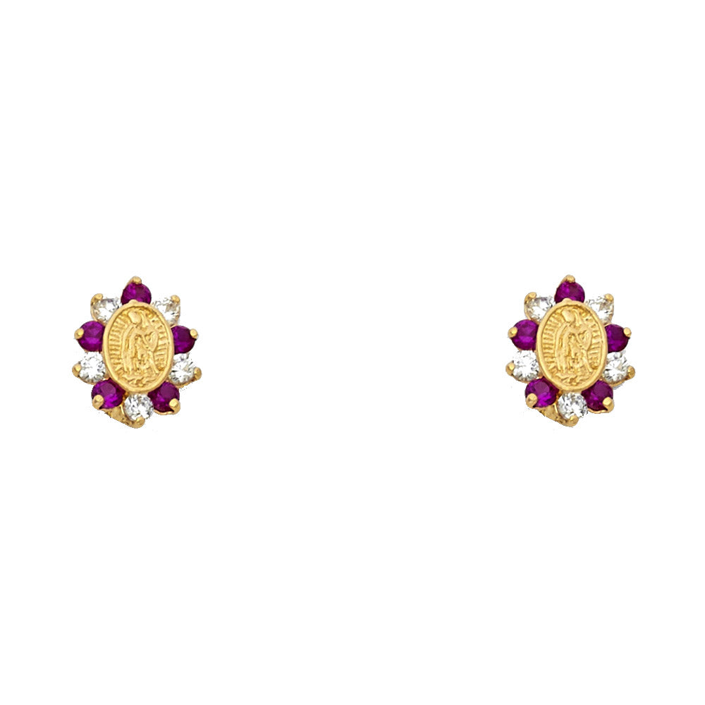14k Yellow Gold Our Lady of Guadalupe Oval Stud Flower Studded Burst Earrings