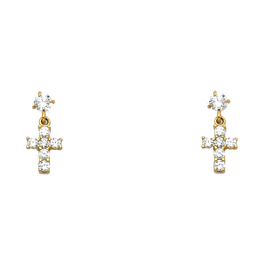 14k Yellow Gold Studded Dangling Cross Stud High Polish Classic Earrings