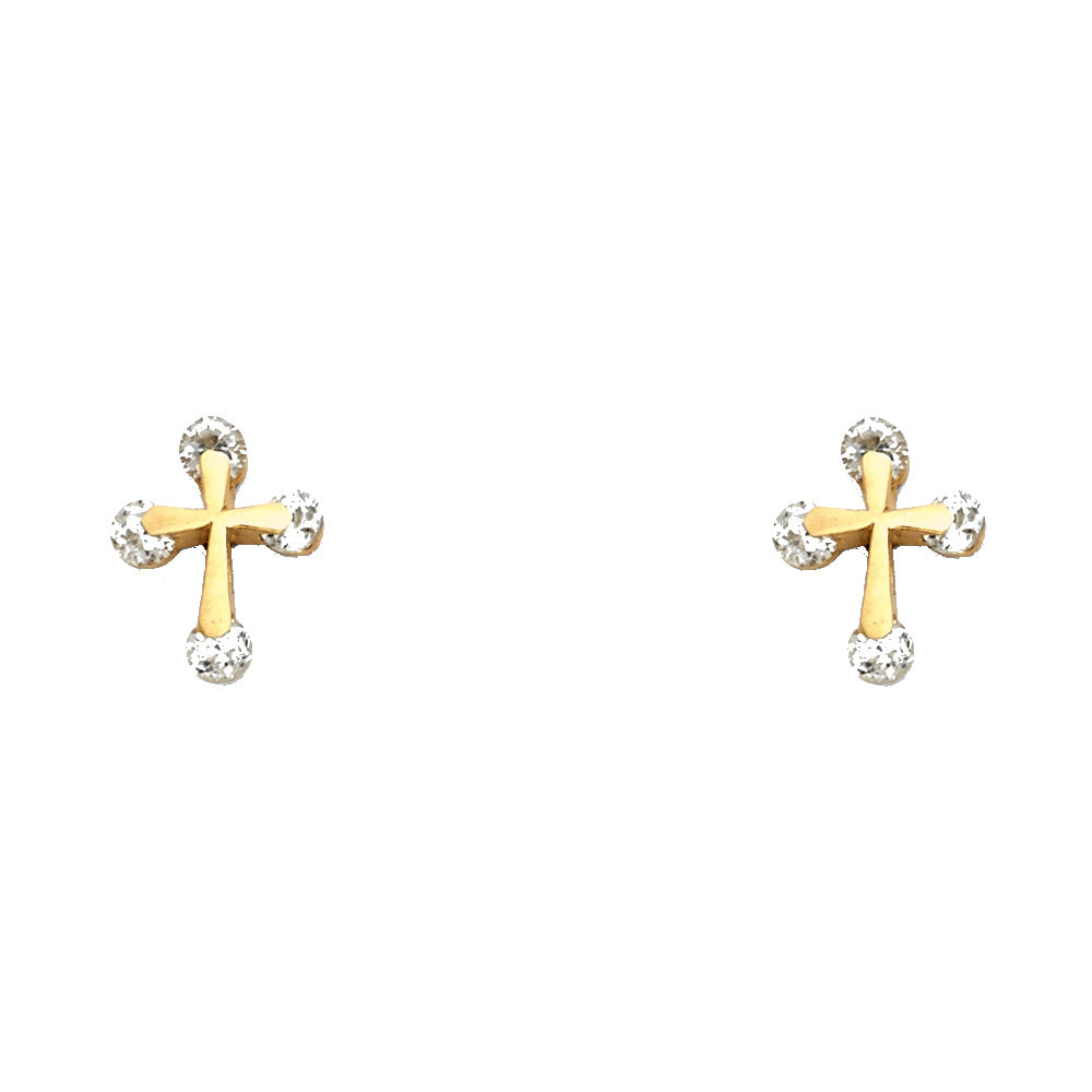 14k Yellow Gold High Polish Burst Cross Stud Circle Flat Shiny Jesus Earrings