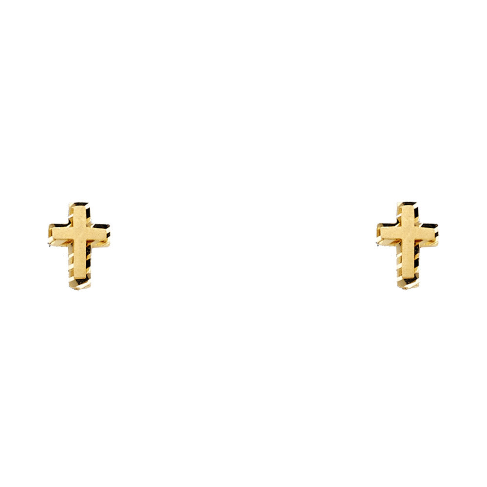 14k Yellow Gold Simple Cross Stud Diamond-Cut Flat Plain Traditional Earrings