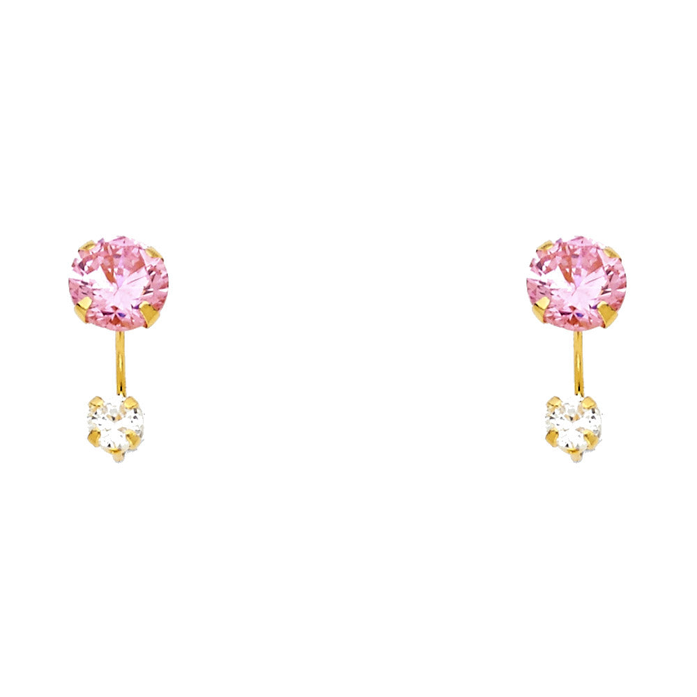 14k Yellow Gold Hanging Two Circles Stud Round Ear Cuff Bar Earrings